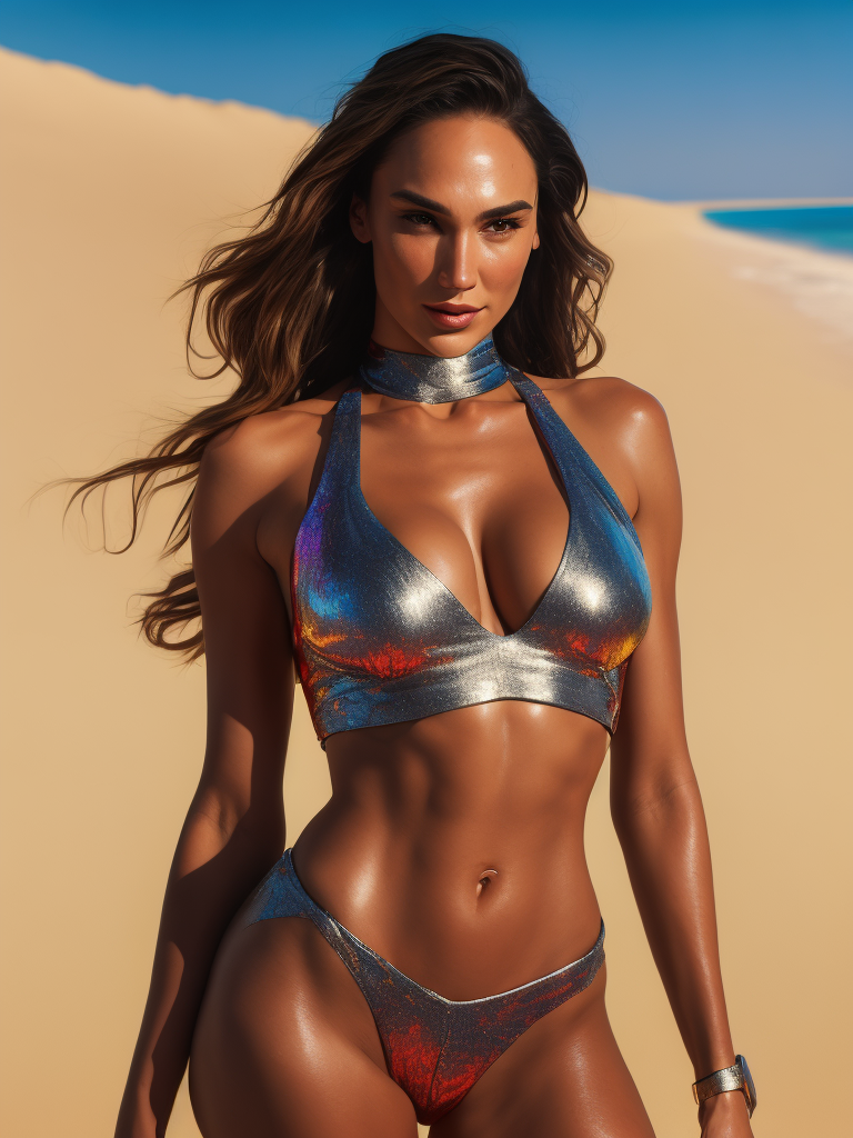 Portrait of gal gadot, swimsuit, bright and saturated colors, elegant, highly detailed, vogue, fashion magazine, sharp focus, Depth of field, Incredibly high detailed, against the backdrop of beach,