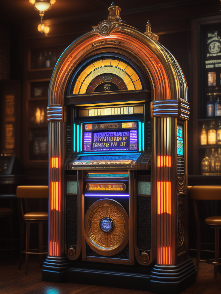Retro jukebox in a bar, sharp focus, highly detailed,