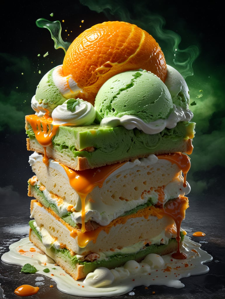 create a sandwich of ice cream, Colours Orange, vanilla, green. the sandwich is flying on the sky