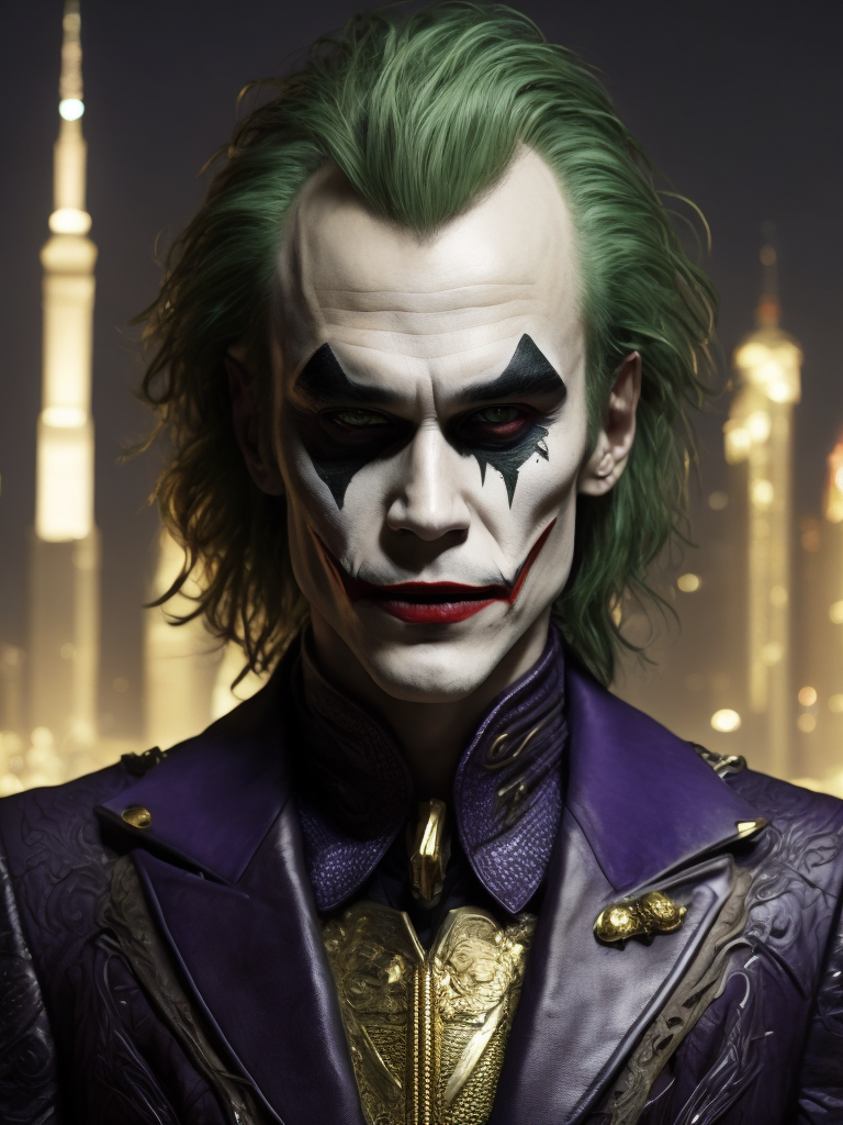 Ultra-sharp photography of male hero, heath ledger as dc joker sitting in an high fashion pose, bust shot, cybernetic face & body, perspective from under, + cinematic shot + dynamic composition, incredibly detailed, sharpen, details + pose from a hajime sorayama painting + steampunk suit with gold ornate armour attire with filigree details + futuristic city in background + evening with light + perfectionism + ultra detailed hair + ultra detailed skin + ultra detailed eye + dc joker in super haute couture + art by emil melmoth, giger, marcin nargraba, rebecca millen + high fashion + award winning realism + the composition is balanced and dynamic