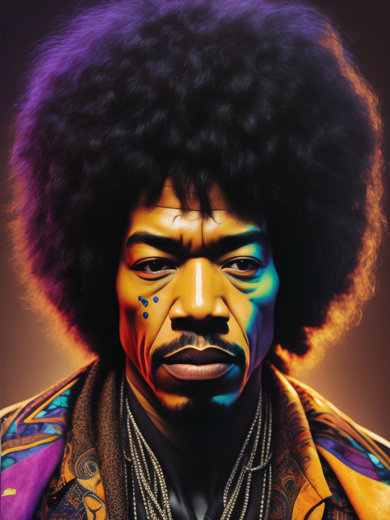 Jimi Hendrix face, front view, color photography