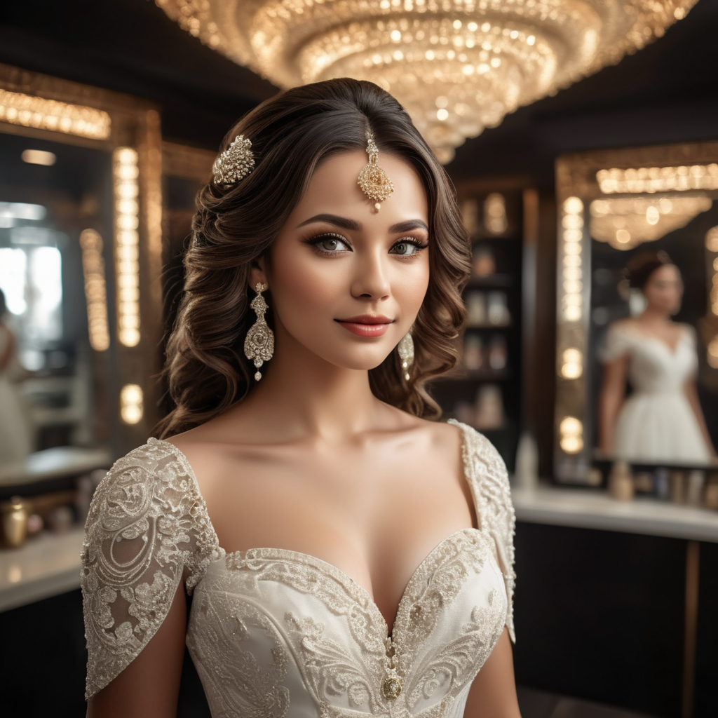 a full image wide Angle of a beautiful bride is standing happy in a modern dark hair saloon shop surrounded by the hair styler employee, 16k, the pride is wearing white elegant modest toll dress, full makeup, bokeh background, cinematic, hyper detailed, spotlights, canon photography, black wavy hair , saloon walls are black and gold accent, saloon is vast.