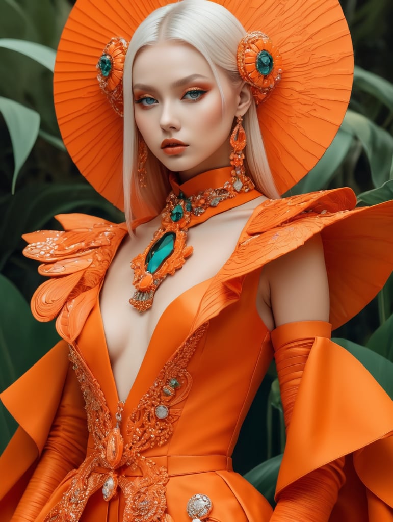 Girl in eco friendly haute couture outfit in the style of anime, surrealism, akira style. details. fine jewelry. eco friendly. orange vibe.