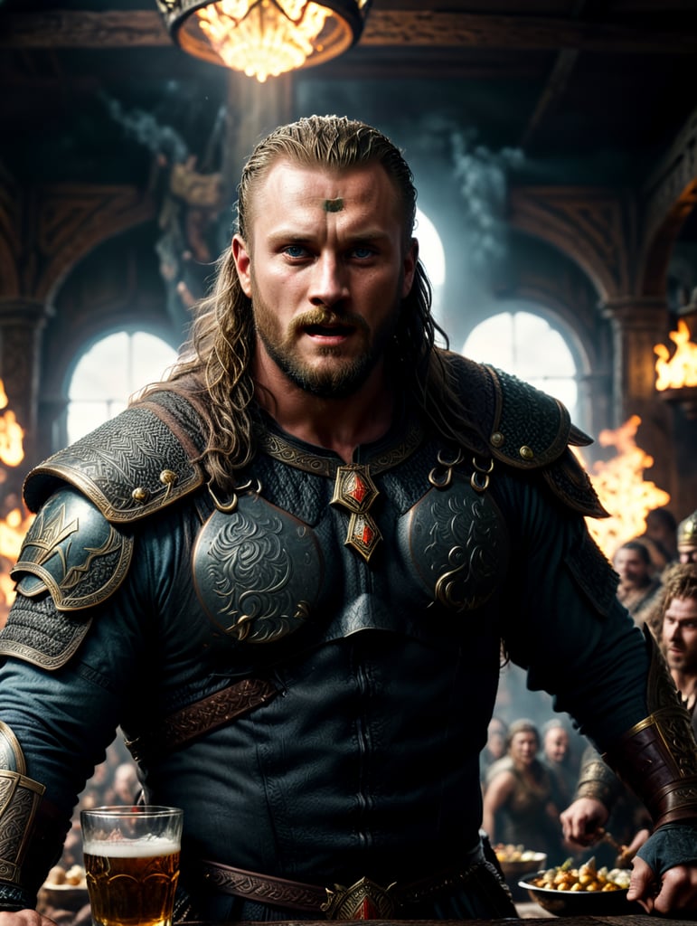 Ragnar Lothbrok having fun in Valhalla with the gods, a lot of food on the tables, women dancing, a lot of ale