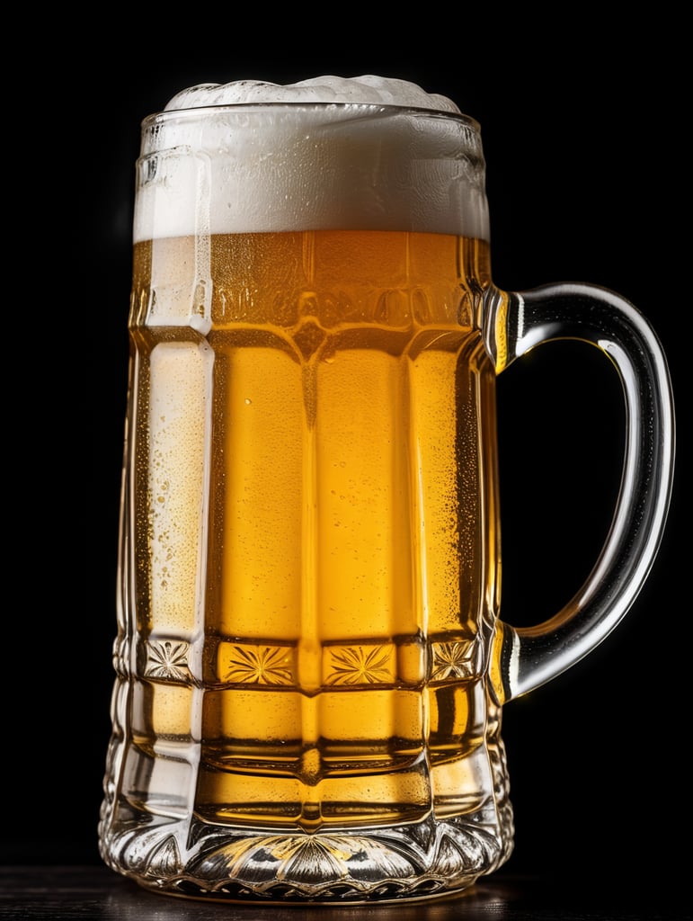 glass beer mug, isolated, black background, professional photo