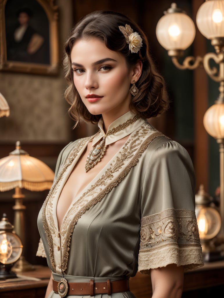 the model is dressed in vintage clothing and accessories, with a backdrop that evokes a bygone era, fashion shoot, style of vogue