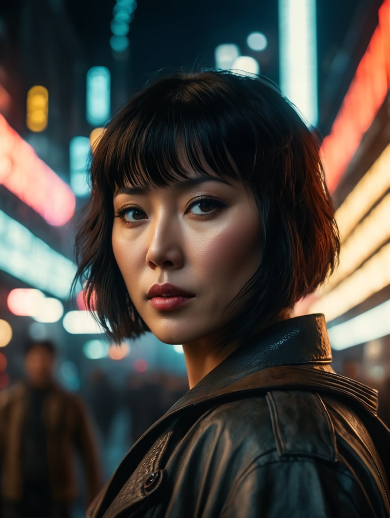 Motoko kusanagi in blade runner 1982, neo noir, cyberpunk, cinema still medium shot 8k