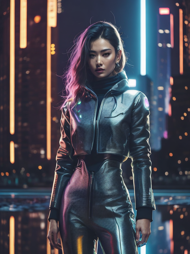 A woman wearing holographic cyberpunk clothing, surrounded by neon-lit cityscape reflections, vray render, ray tracing, subsurface scattering, by Josan Gonzalez and Liang Mark