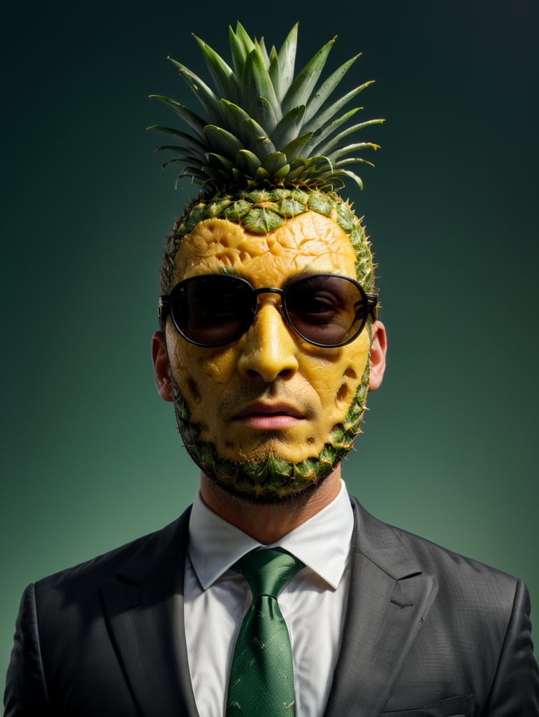 A man in a business suit with a pineapple for a head, green background, sunglasses, isolated