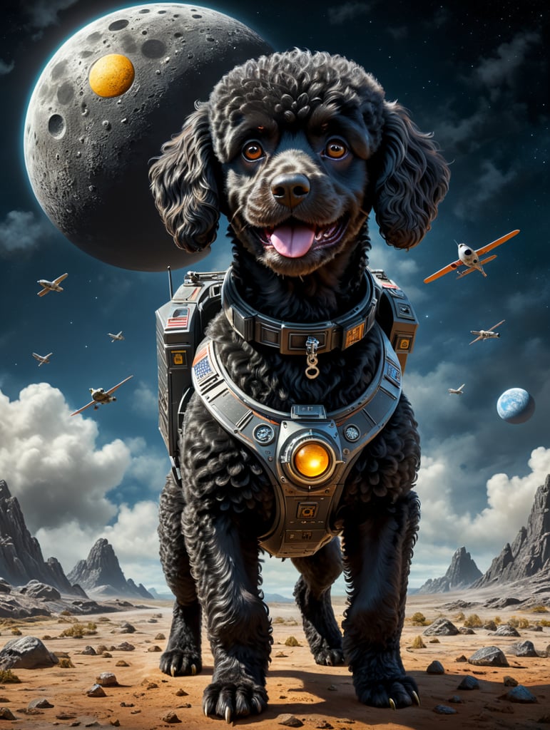 Poodle nero atterra sulla luna da astronave spaziale e va a caccia di anatre cartone animato 3D