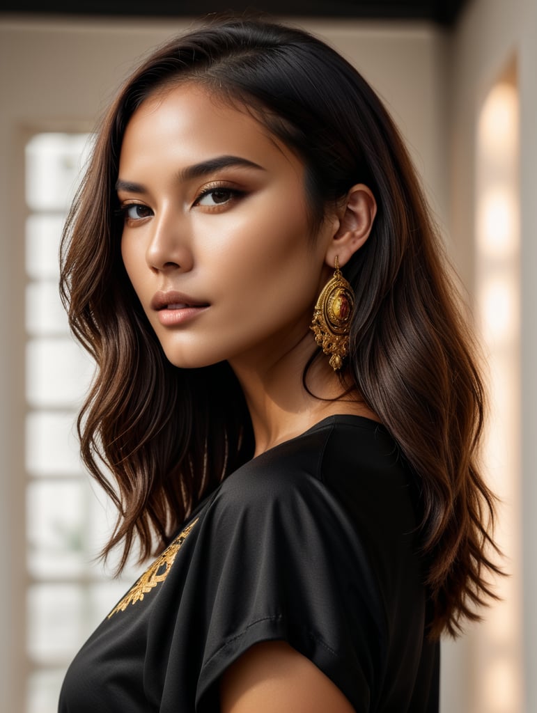 Create a visually stunning versace inspired photoshoot featuring a tanned asia supermodel wearing black oversized t-shirt, from the back point of view iso 400, surrealistic, 8k, full frame, white studio background