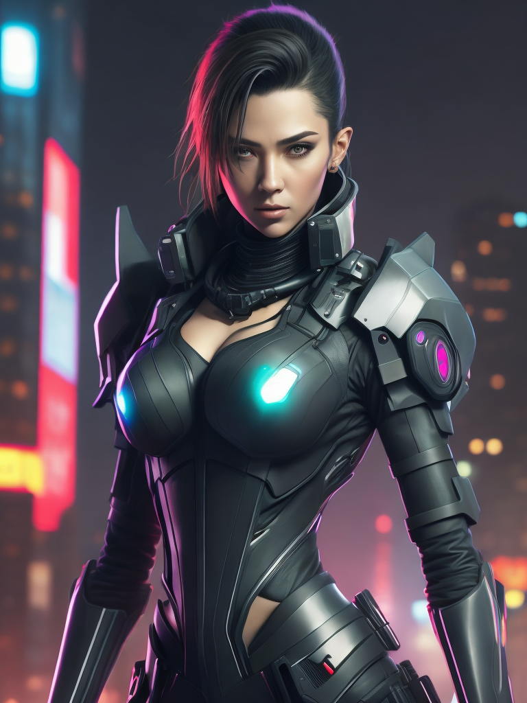 a woman in a futuristic suit holding a gun in her hand, looking at the camera, cyberpunk art, neo-figurative, anime