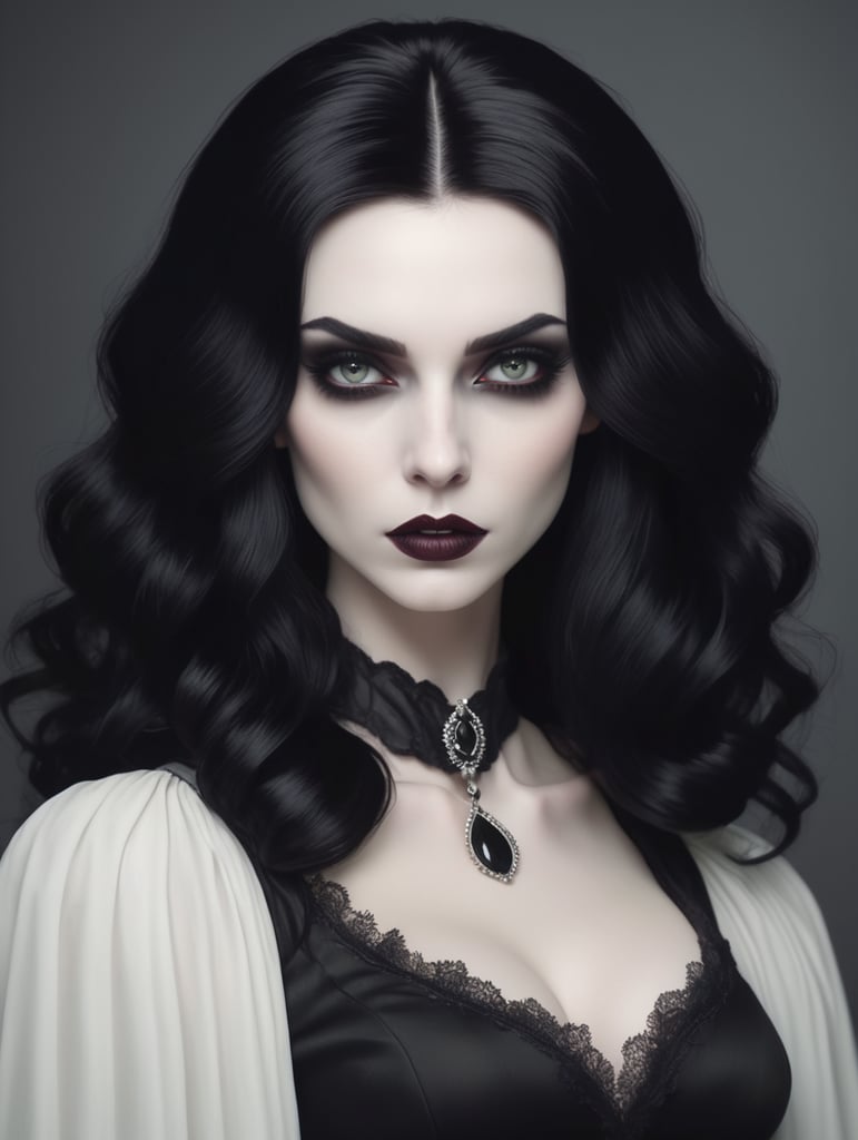 White pale vampire woman with black dark hair. Animated style. 80's style. Gotic style