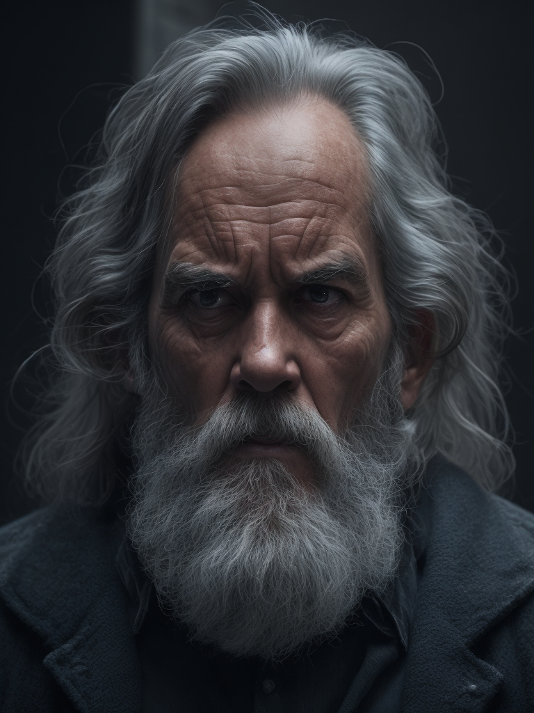 an angry old man, ash long hair, beard, long shot