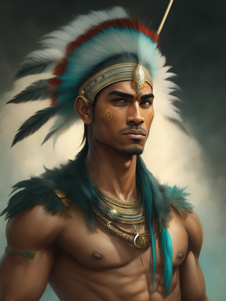 hispanic, male, taino indian, feather headdress, warrior paint, holding spear