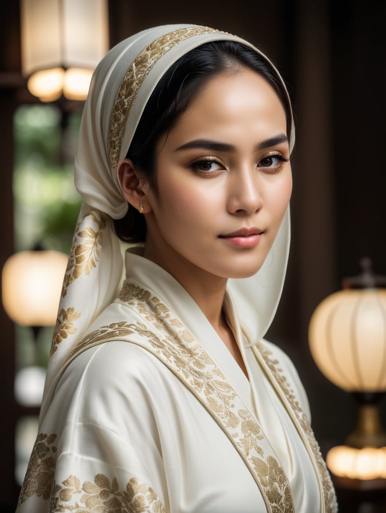 Indonesian women with hijab in white kimono