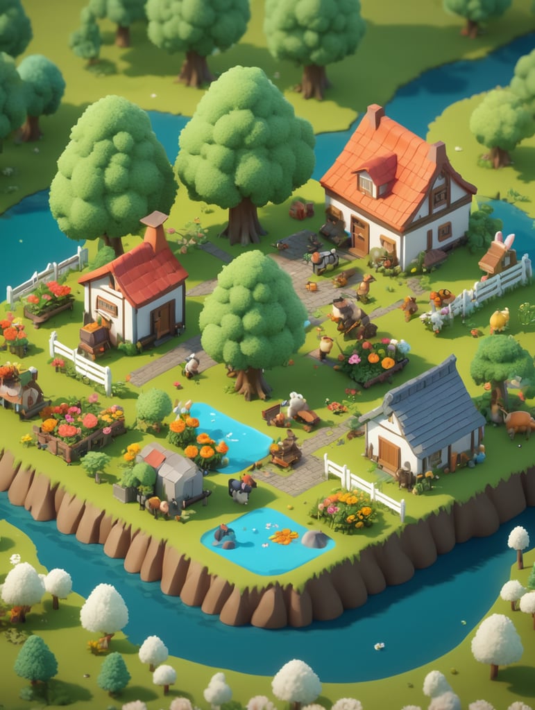 Detailed 3d farm island, fluffy trees, animals, working people, cute creatures, gathering place, flowers, game art style, 3d model, blender modeling, stylized, isometric, tinye style, cute, postcard style, miniatures