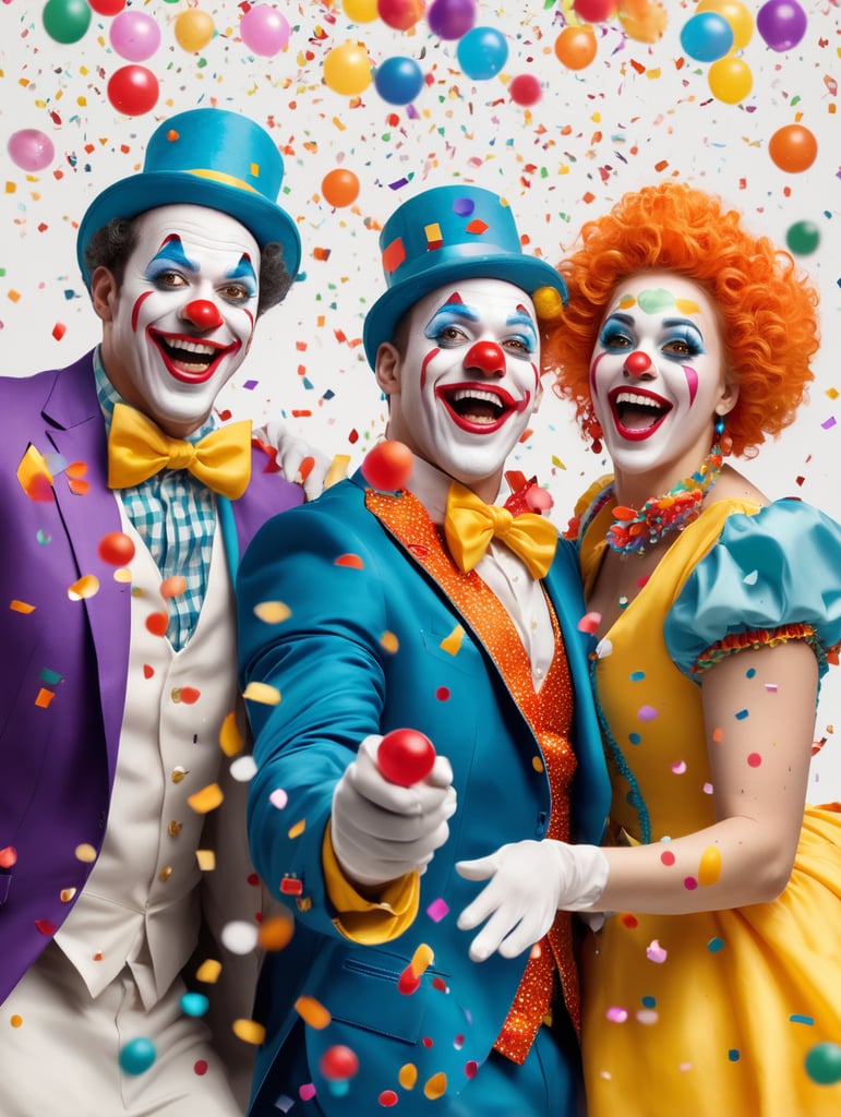 2 homens e uma mulher fantasiados de palhaços felizes jogando confetes e brincando no carnaval com fundo branco
