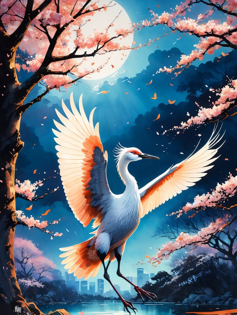 A Japanese crane flying in a blue night sky surrounded by falling cherry blossoms