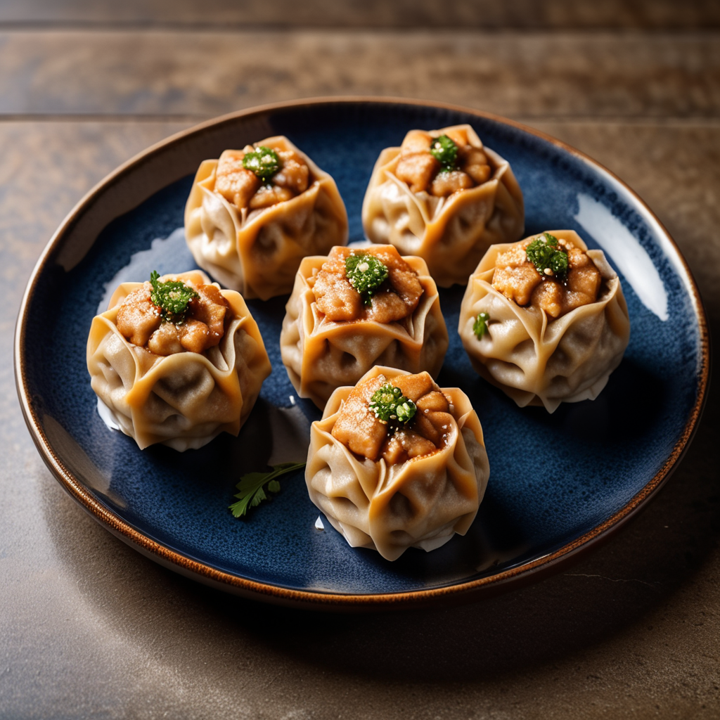 three chicken Shumai dumplings on a dark blue plate