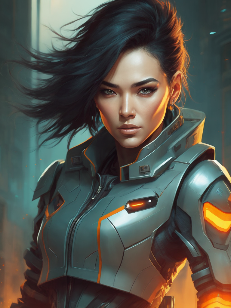 a woman in a futuristic suit holding a gun in her hand, looking at the camera, cyberpunk art, neo-figurative, anime