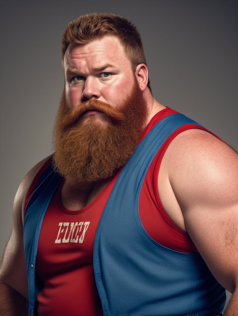 overweight redneck wrestler wearing a blue singlet and a red flannel shirt and a large red beard