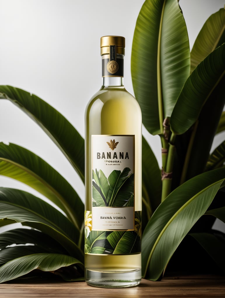 Packaging and branding for a banana vodka brand as if it had been designed by HI ESTUDIO with In a set design with banana, banana leaves.