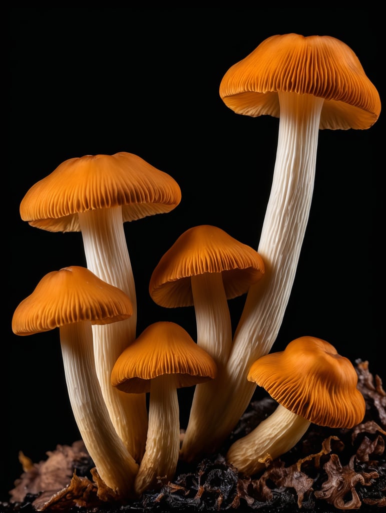 Macro photo of a black chanterelle mushroom, isolated, black background