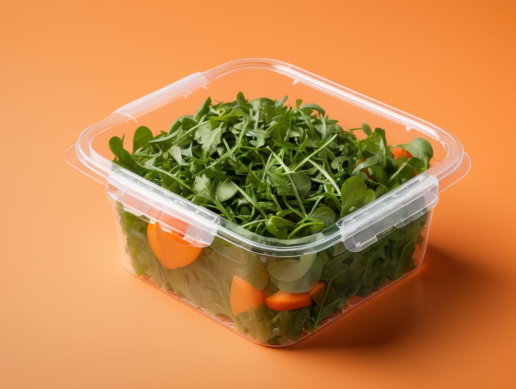 blank Transparent Plastic Container with Arugula Salad, isolated, orange background, Modern presentation, Mockup, mock up