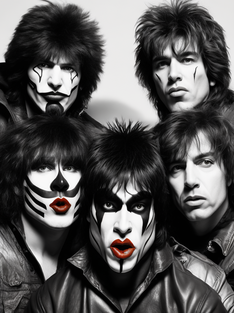 Rock band Kiss, Faces painted black and white, studio photo, professional photo, Bright and rich colors, Detailed image, detailed face