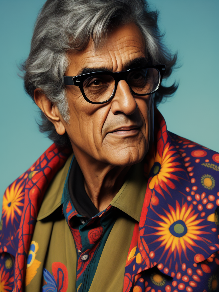 Caetano Veloso wearing a brightly patterned jacket and wayfarer glasses, Vivid saturated colors, Contrast color
