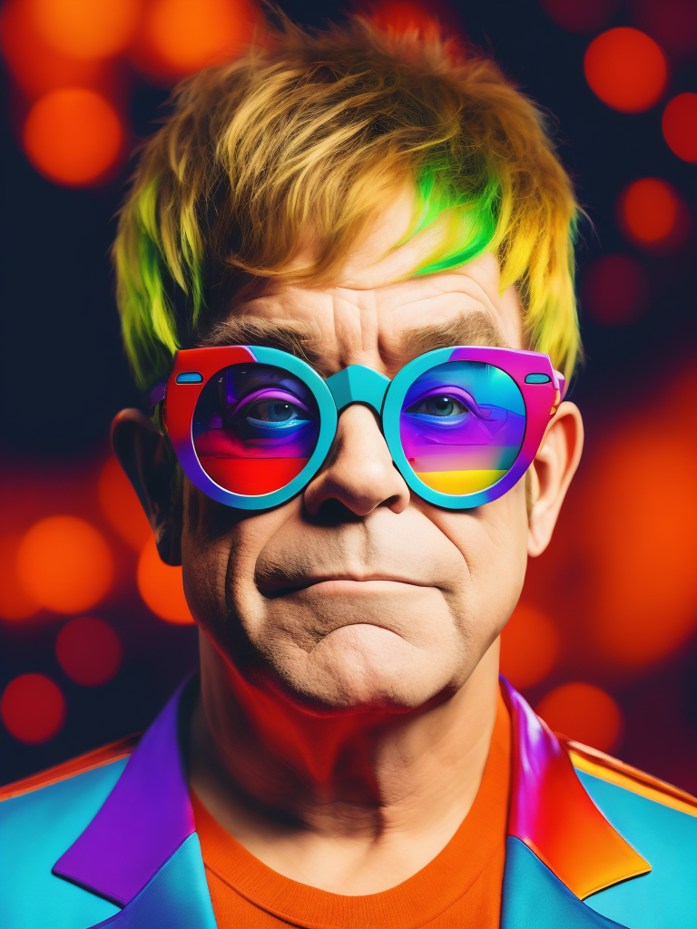 Portrait of Elton John with star-shaped glasses, Against a bright gradient, Vivid saturated colors, Contrast color