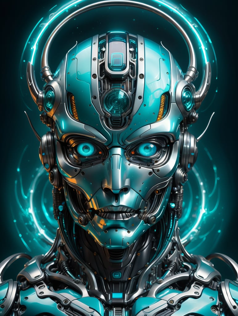 A robotic futuristic deity made of titanium with electric teal energy flowing trough the body. soft light, cosmic halo, Intense teal blue and black colors. Digital art, hyper detailed, masterpiece, high quality, depth of field, ultra HD, abstract