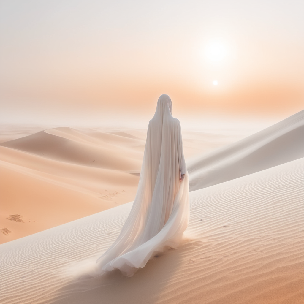view from behind(((ethereal misty orange cloaked woman figure))), clad in light tones, advancing through a (((dunescape))) under a (glowing, ethereal suset), with (vast, silvery sand dunes) reflecting an otherworldly light around its surroundings, abstract art