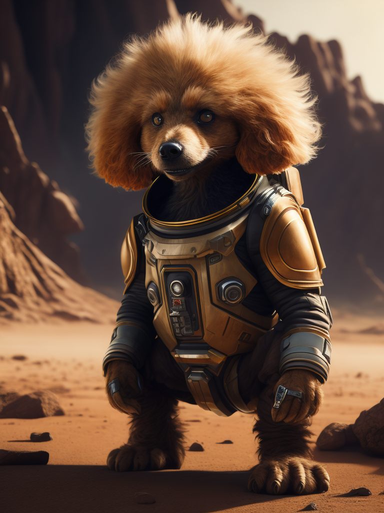 A curly poodle like a Rocket Raccoon from Guardians of the Galaxy wearing astronaut costume on the Mars