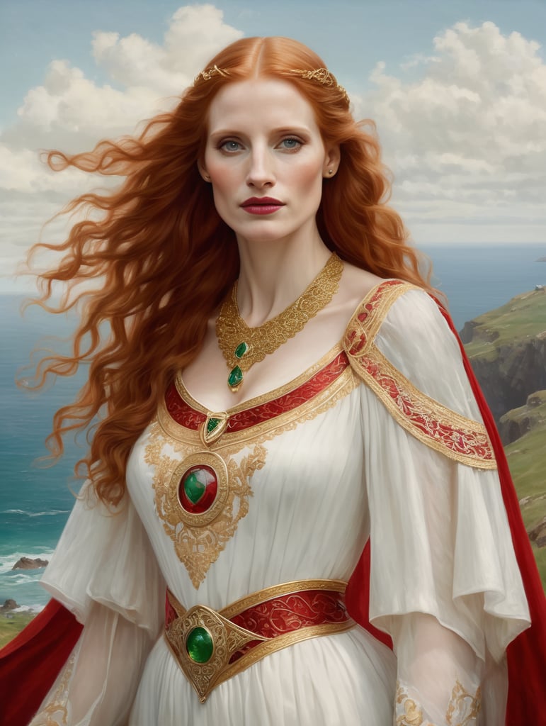 A woman that looks like actress Jessica Chastain is a ancient Celtic queen, wearing a white dress with golden Celtic ornaments and a red cape. She has a long red hair and is on a open space on the top of a hill looking to the Irish sea. Highly detailed Alma Tadema oil painting style.