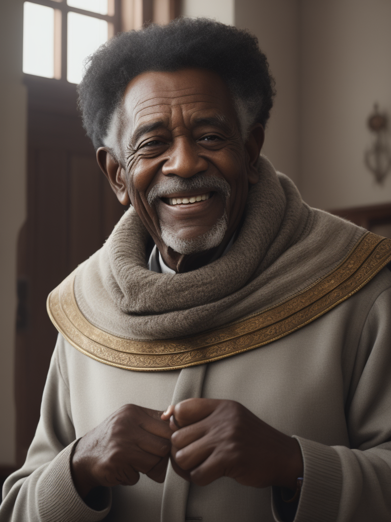 Abuelo con tez morena celebrando feliz en una habitación blanca iluminada.