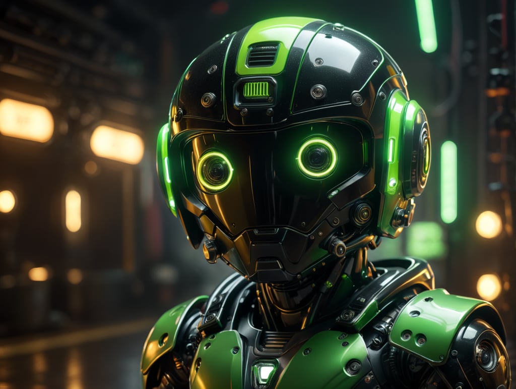 a black and green cute robot with neon lights in a helmet in front of a camera, octane render, polished craftsmanship.