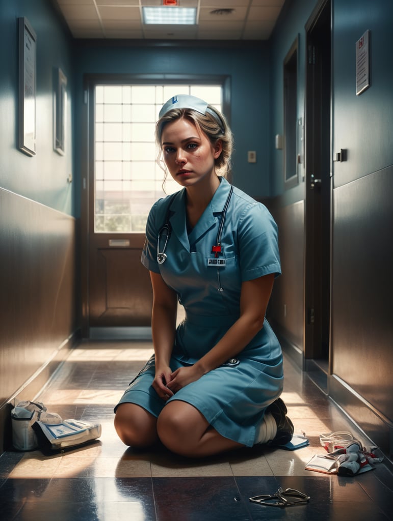 Portrait of a female working nurse, sitting on the floor in the hallway, sad face, sad colors and atmosphere, the light from the window illuminates her face, low angle photo