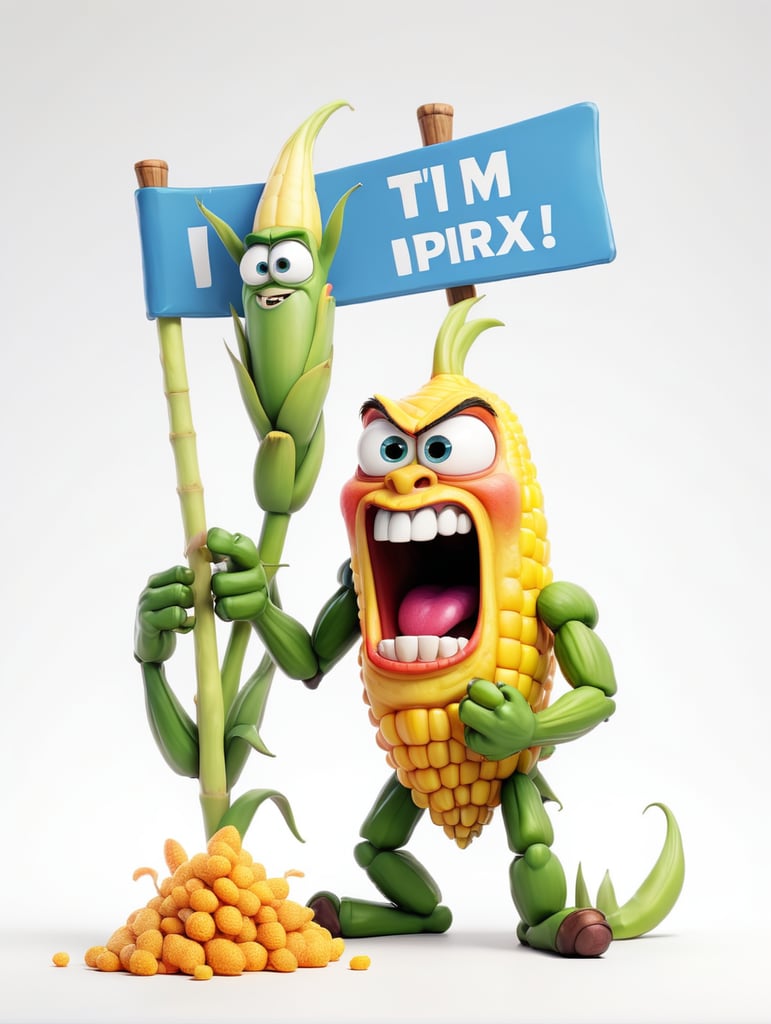 a realistic angry Genetically modified corn holding a sign "I'm sick!", WHITE background