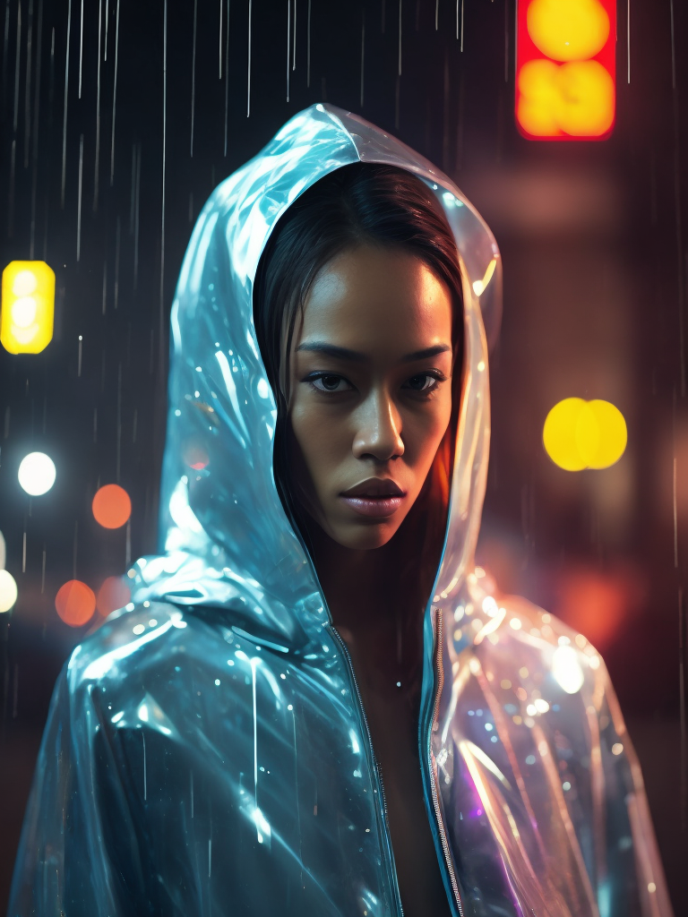 a women wearing ((transparent raincoat)), under the rain, ultra realistic, neon lights