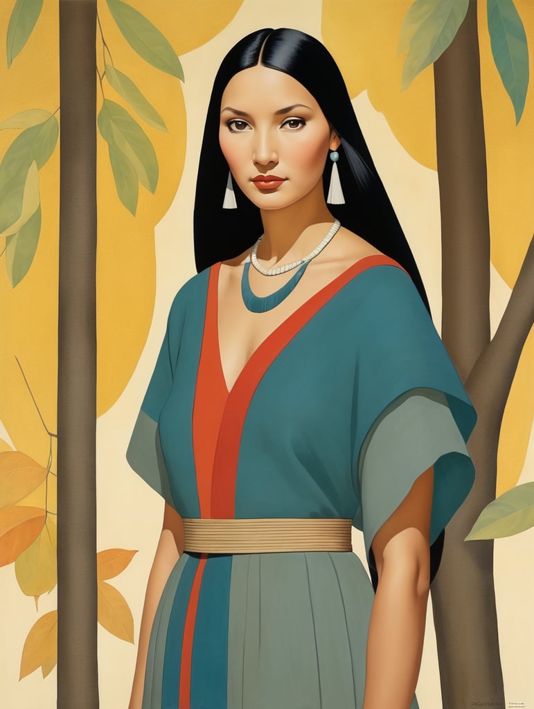 Pocahontas, 0Il lustration, Painting, Oil, Watercolor, Portrait, USA, style of Will Barnet