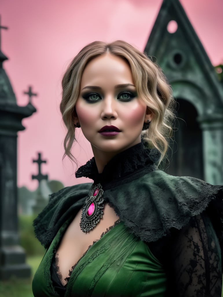Portrait of Jennifer Lawrence in a sinister costume for Halloween, scary makeup on his face, dark atmosphere, vintage style, green and pink colors, highly detailed photo, professional photo, against the backdrop of an old creepy cemetery, contrasting light, bright colors