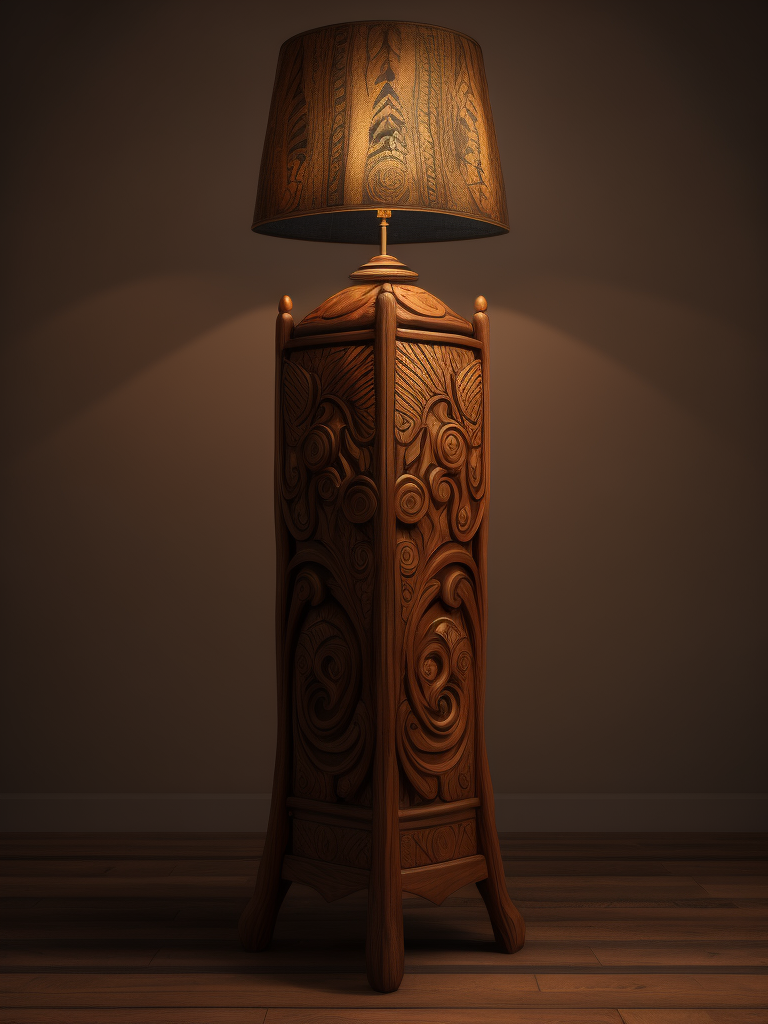 Floor lamp with carved wooden leg, first nation motives, north america redskin