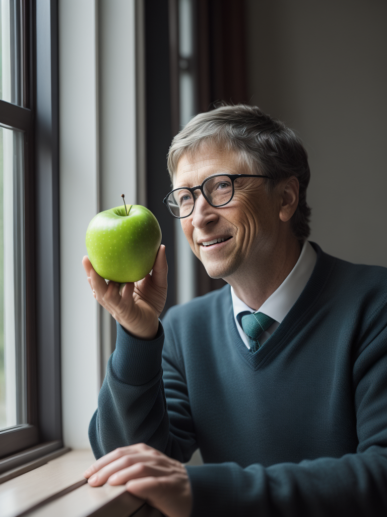 Bill Gates throwing one green apple in a window, bright and saturated colors, highly detailed, sharp focus, Dramatic Lighting, Incredibly high detailed