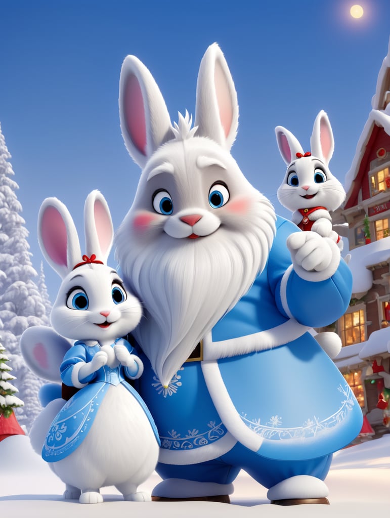 New year's card, Santa Claus and Snow Maiden, rabbit, deere, by Justin Gerard and Greg Rutkowski