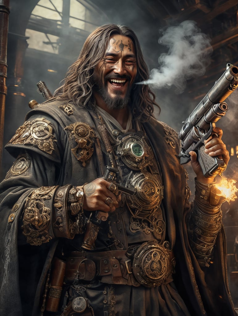 Japanese Jesus Christ with steam punk features holding a smoking gun laughing sinister