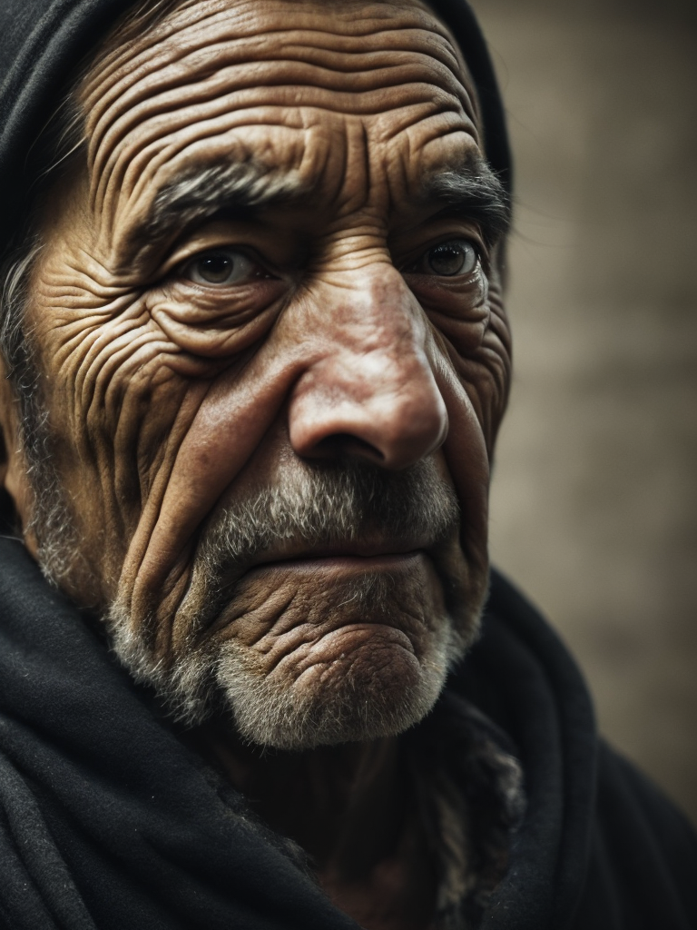 портрет старого кочегара, лицо в саже, грязная одежда, глубокие морщины на лице