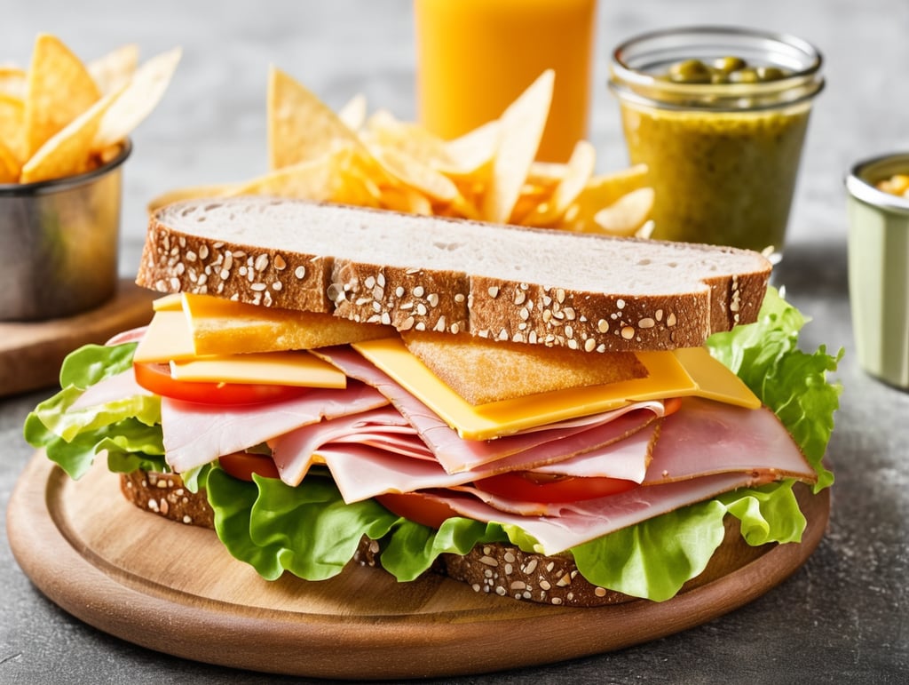A sandwich with ham, cheese, lettuce, tomato, and mustard on whole wheat bread with chips and a pickle