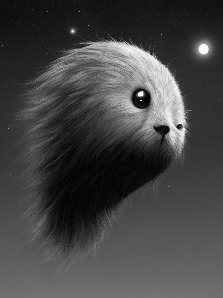 a funny character with long hair flying up through the stars, in the style of intricate black and white illustrations, animated gifs, furry art, whimsical yet eerie animal symbolism, patrick dougherty, kevin hill